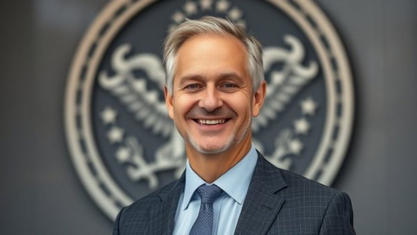 New police chief Kalamazoo MI smiling in front of emblem.