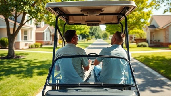 Maintenance team in cart discussing lawn services in a sunny suburban area.
