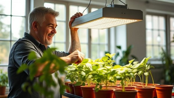 Person adjusting LED grow light for vegetable seedlings indoors, best grow lights setup.
