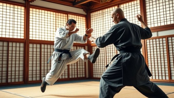 Martial arts training in dojo with two practitioners sparring, Renshusei training program.