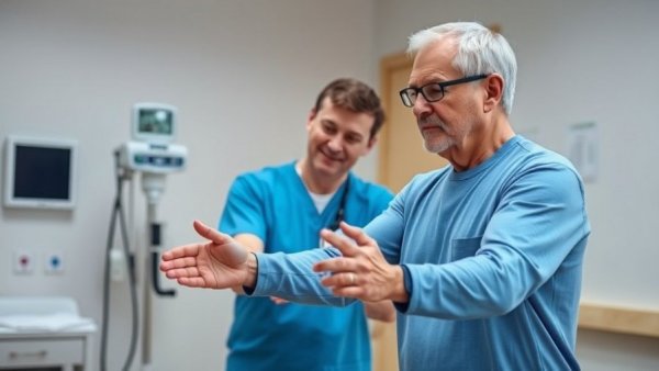 Orthopedic physical therapy session in clinic setting, patient standing.