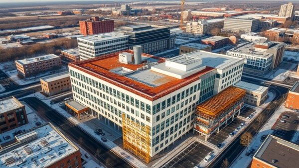 Aerial view of Michigan healthcare construction in urban winter setting.