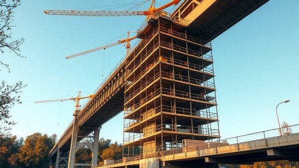 Bridge construction in Michigan with scaffolding and cranes, sunny day.