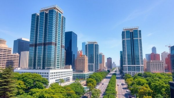 Urban skyline with skyscrapers and green landscape, ideal for real estate investment trust.