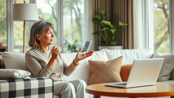 Woman discussing Amazon product listings issue in cozy interior.