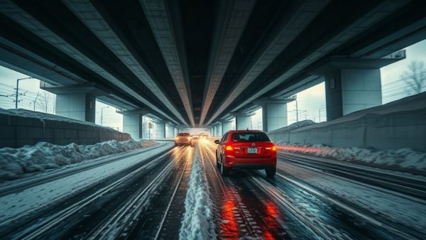 Michigan winter travel conditions showing vehicle in snow underpass