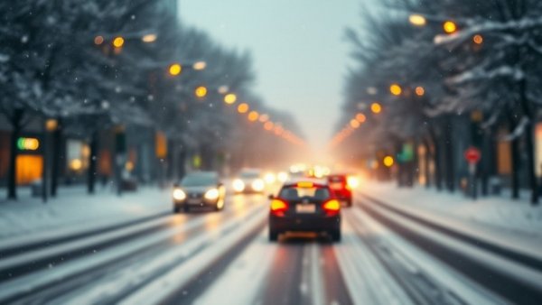 Snowy Michigan street at night during winter with cars driving.