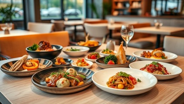 Gourmet dishes on table at restaurants in Ann Arbor, Michigan.
