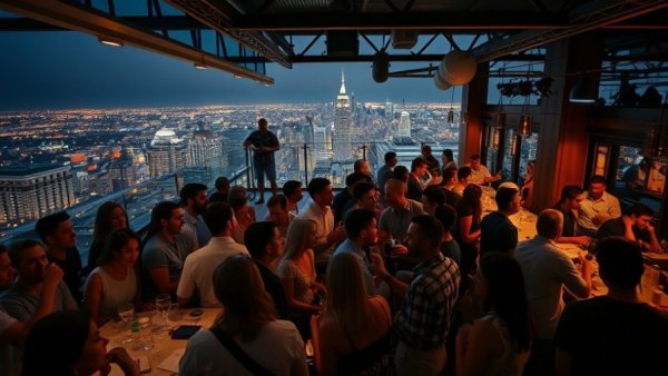 Lively Detroit rooftop bar Pine Hall with socializing crowd.