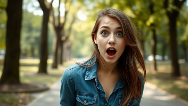 Surprised young woman outdoors, lush green park background.