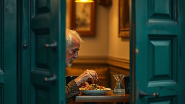Elderly man dining behind green door at Michigan restaurant