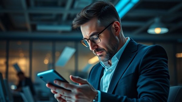 Focused businessman reviewing documents for exam-based certification.