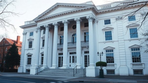 Classic white building showcasing architectural detail, relevant to roofing services expansion in Indiana.