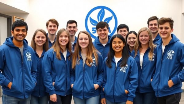 Group in blue FFA jackets smiling at Michigan FFA state finals.