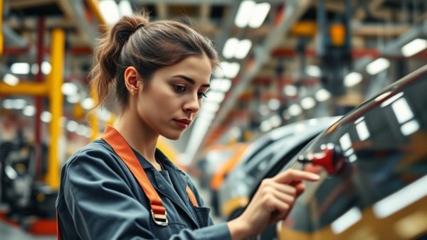 Worker inspecting car part in a busy automotive factory.
