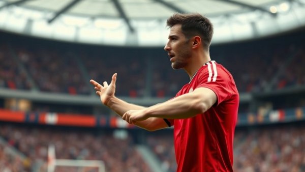 Soccer player in red during Champions League match gesturing, focused expression.