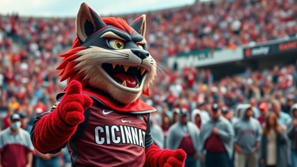Cincinnati Bearcats mascot cheering in the rain with fans.