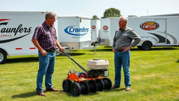 Men discussing lawn aeration equipment in Shelby, Michigan.