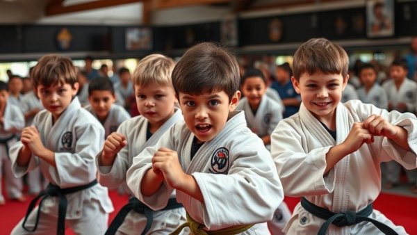 Happy martial arts camp in Gurnee with energetic young participants.