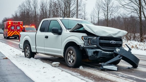 Severe head-on crash damage in Clare County involving a pickup truck.