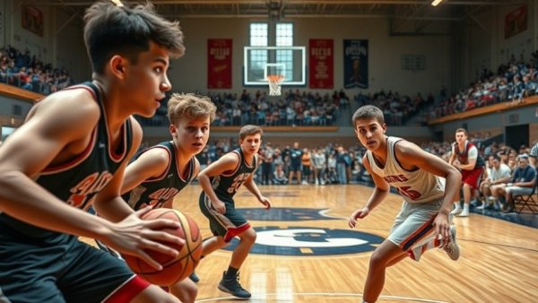 Kalamazoo area boys basketball players during a competitive game.
