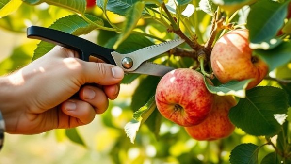Pruning fruit trees in January, hand trimming apple branch.