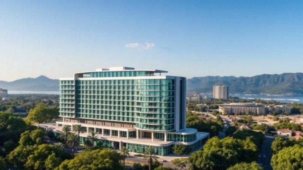 Modern hotel building with mountains and greenery, aerial view.