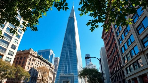 Transamerica Pyramid framed by buildings, downtown office lease view.