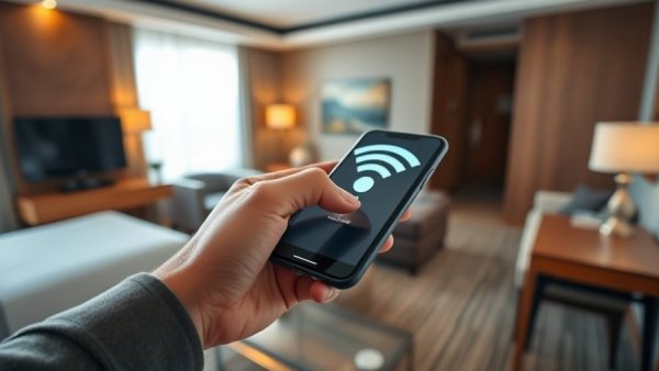 Person using smartphone to access Wi-Fi in hotel room, symbolizing AI-related industrial business growth.