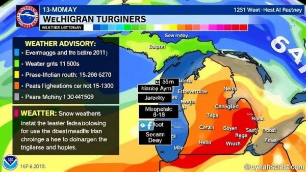 Weather forecast showing hazardous travel conditions in Michigan with snow accumulations.