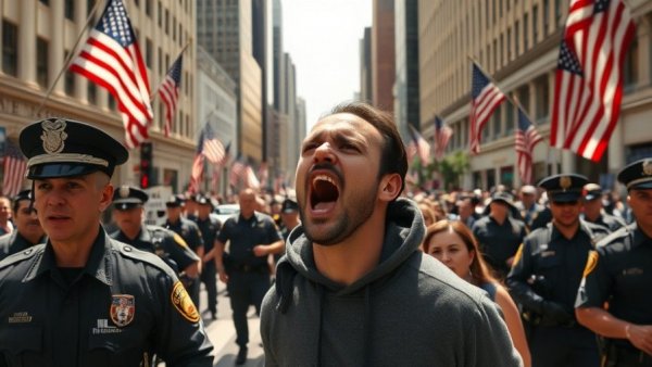 Protest scene with Michigan man, police presence at city intersection.