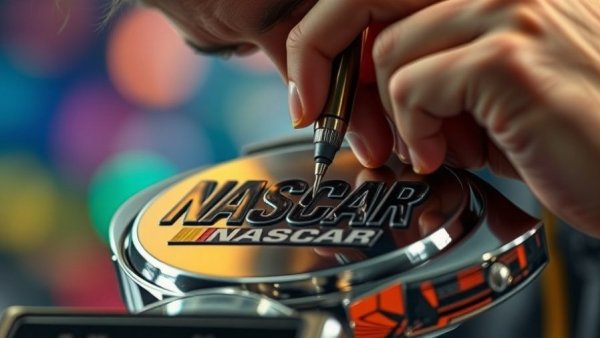 Engraving a NASCAR trophy with precise detail crafting.