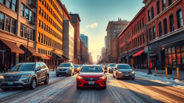 Ann Arbor street scene during Restaurant Week, winter day with cars.