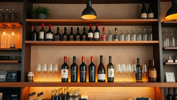 Stylish bar shelf at a Michigan restaurant, featuring wine bottles and glasses, 2026 James Beard Awards atmosphere.