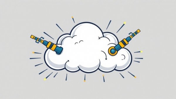 Stylized AI technology representation with cloud and robotic arms.