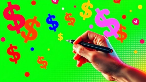 Abstract hand writing with dollar symbols, bright colors.