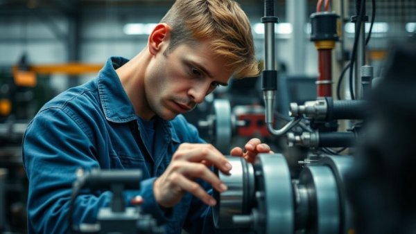 Male technician adjusting machinery in a Michigan startup setting.