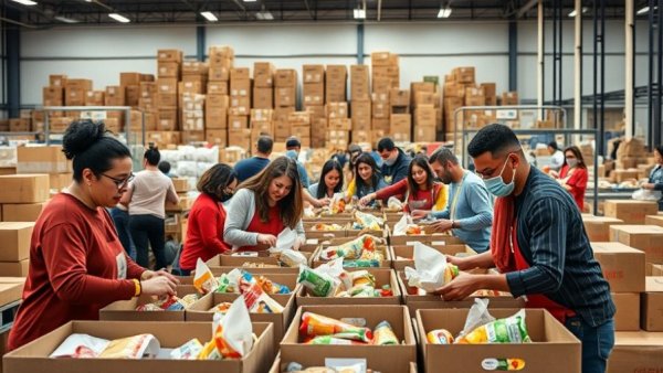 Volunteers actively sorting donations for West Michigan food initiatives.