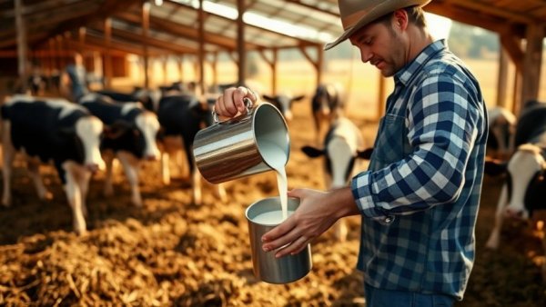 Farmer pouring fresh milk into container with cows grazing nearby, depicting Michigan raw milk sales.