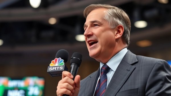 Broadcaster with NBC Sports microphone discussing MLB coverage.