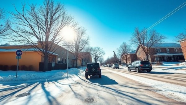 Winter scene with icy streets and vehicles in Muskegon.