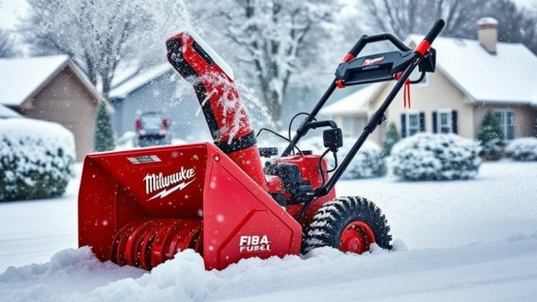 Milwaukee M18 Fuel Snow Blower clearing snow in suburban winter scene.