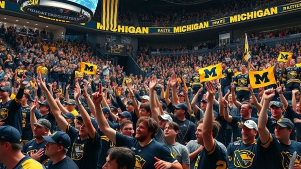 Michigan hockey team celebrates with energetic fans after a match.