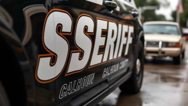 Sheriff vehicle on wet Michigan street in icy snowy conditions.