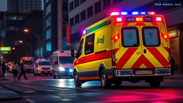 Ambulance lights flashing during nighttime in urban setting.