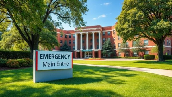 Hospital entrance with emergency sign under trees.