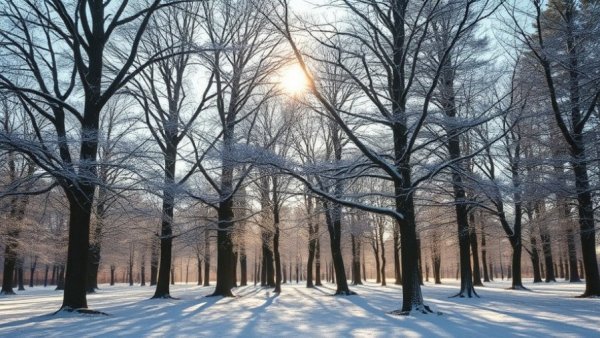 Winter trees with sunlight, serene snowy landscape.