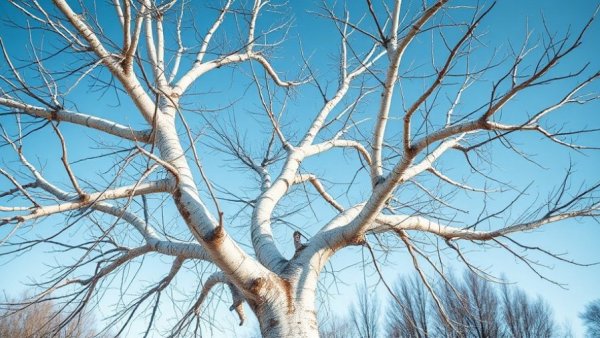 Exploding trees in winter, snapped branches under blue sky.