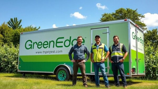 Professional lawn service team with Green Edge trailer on a sunny day.