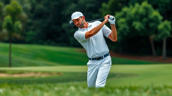 Photorealistic golfer in action swinging club on green course.